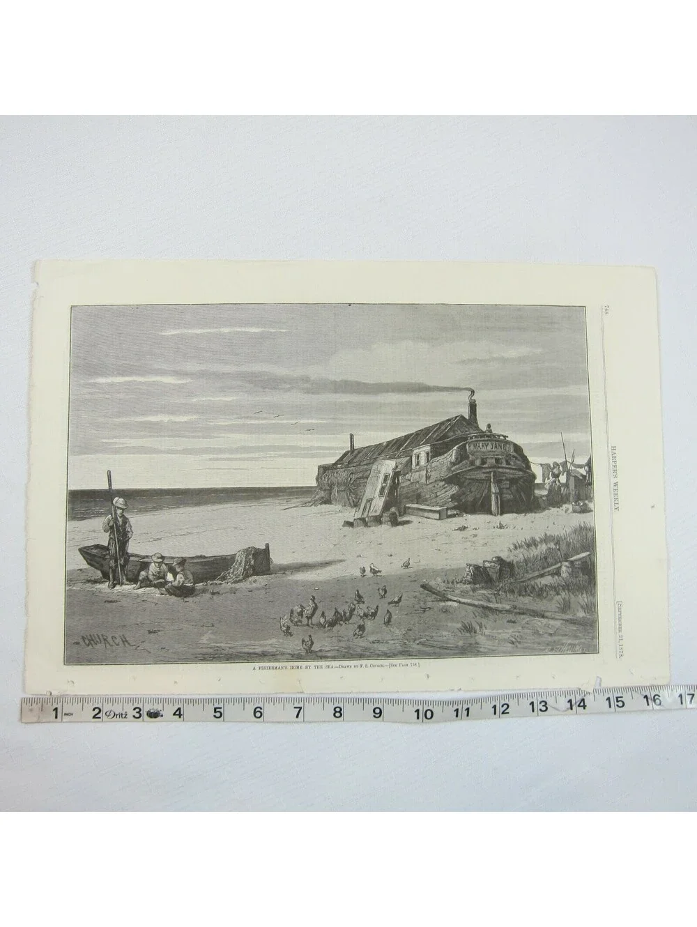 Antique 1878 Print A Fisherman’s Home By The Sea, F.S. Church, Harper’s Weekly